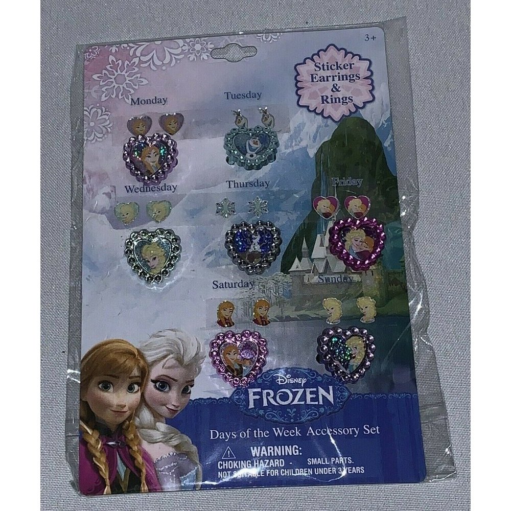 Disney Frozen Days Of The Week Accessory Set Sticker Earrings & Rings Anna Elsa